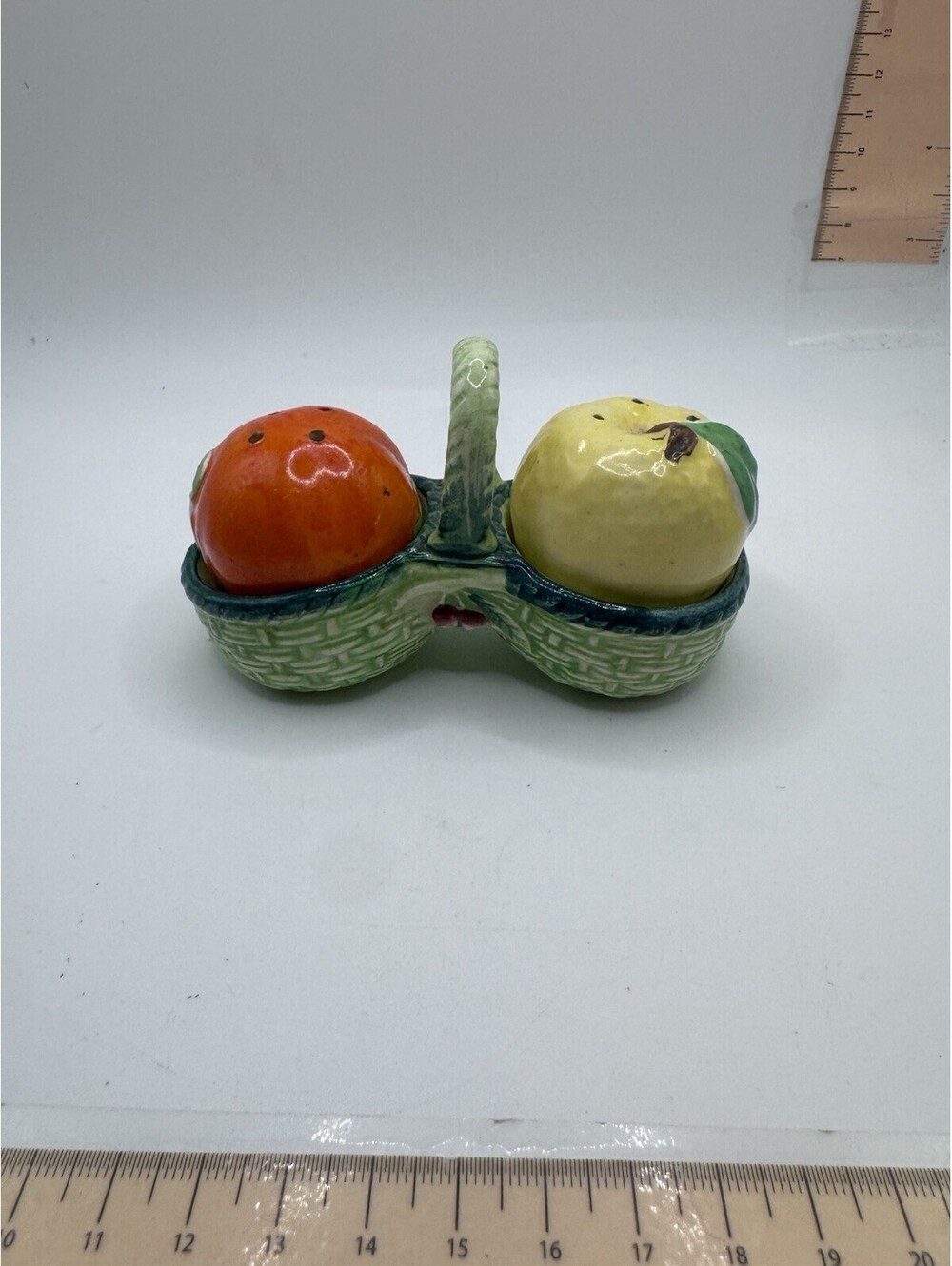Vintage Salt & Pepper Shakers Occupied Japan Orange & Apple In A Basket 3 Piece
